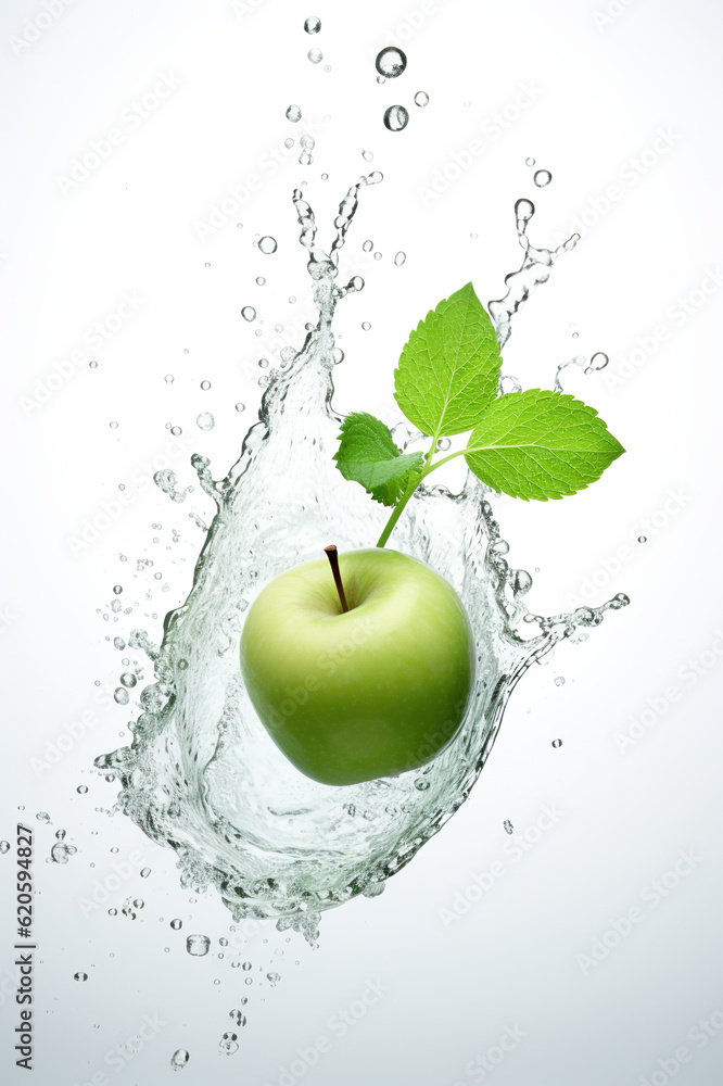Poster a green apple with a leaf splashing out of it. generative ai. green mint leaves and refreshing citru