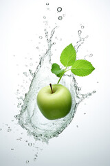 A green apple with a leaf splashing out of it. Generative AI. Green mint leaves and refreshing citrus taste.