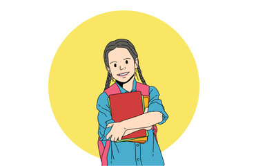 Illustration of a lovely schoolgirl carrying various books in front of the class on a yellow background.
