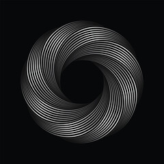 Abstract spiral vortex with white and black lines isolated on black background, metallic spiral logo, striped geometric vortex icon. Vector illustration