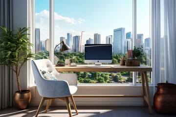 A desk with a computer and a chair in front of a window. AI
