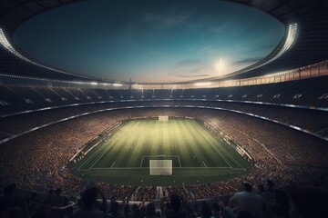Fototapeta na wymiar 3D render of crowded sport stadium, viewed from upper grandstand. Generative AI