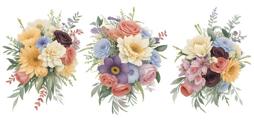 Fototapeta na wymiar Watercolor flowers and wedding bouquet on transparent background,generative ai