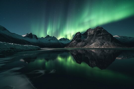 Majestic aurora borealis illuminating starry night sky above snowcapped mountains and frozen lake. Generative AI