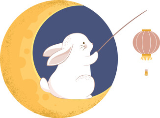 Cute Rabbit with Chinese Lantern on the Moon - Illustration for Chuseok / Mid Autumn Festival 