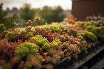 Eco-friendly rooftop with Sedum for rainwater conservation and garden. Generative AI - obrazy, fototapety, plakaty