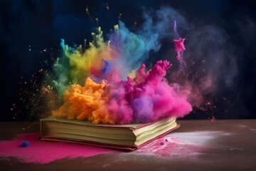 Illustration of a colorful book with vibrant colored powder on top, created using generative AI