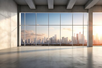 An empty room with panoramic view of a cityscape. AI