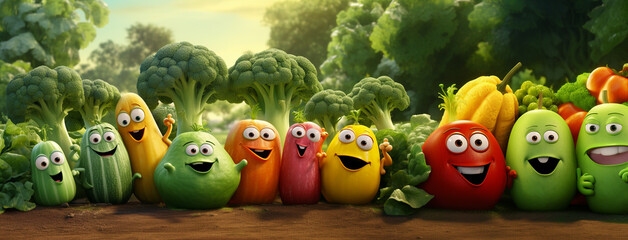 Happy healthy vegetables in a row.Cartoon vegetable characters. Vegetable emoticons. Cucumber, tomato, broccoli, eggplant, cabbage, peppers, carrots, onions, pumpkin, radish, corn. funny food  banner