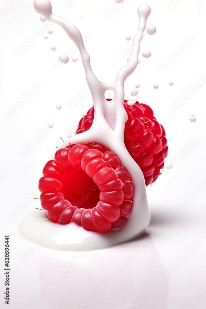 Poster a raspberry falling into a white liquid. generative ai.