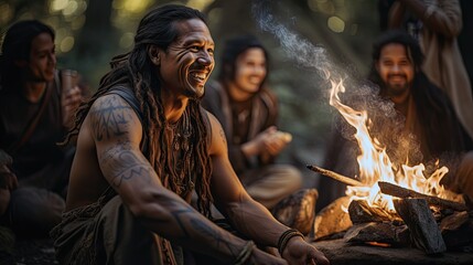 Native storyteller sharing tales around a campfire.