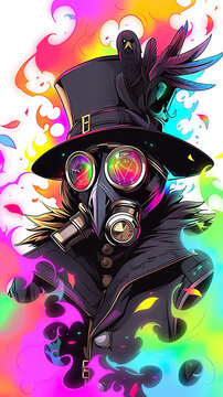 Witch doctor character wearing a top hat and steampunk glasses, vibrant neon colors. Generative AI image.