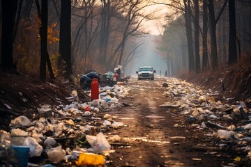 A muddy dirt road with trash on the side of it. AI