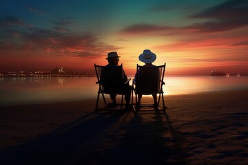 Obraz premium Vacation summer, golden sandy beach,sitting on sun lounger chair right on beach by sea by the water, empty pristine white sandy beach with shallow water. Carefree rest relaxation peace Inspiration. 