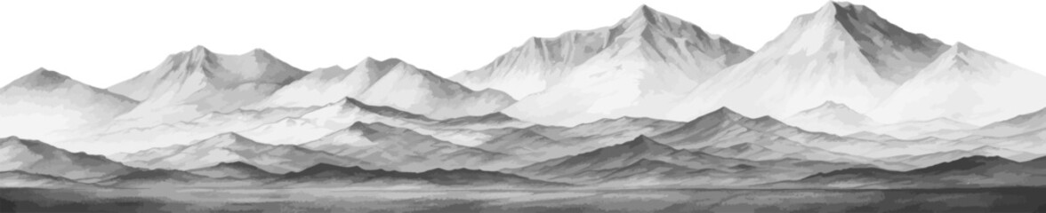 Hand drawn mountain range nature landscape. Greyscale abstract panorama with rocky mountains skyline. Vector illustration.