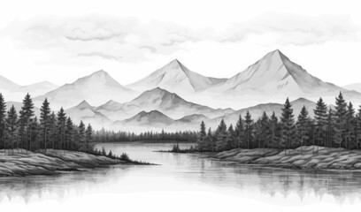 Hand drawn mountain range nature landscape. Greyscale abstract panorama with rocky mountains skyline. Vector illustration.