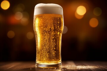 Illustration of a glass of beer on a wooden table, created using generative AI