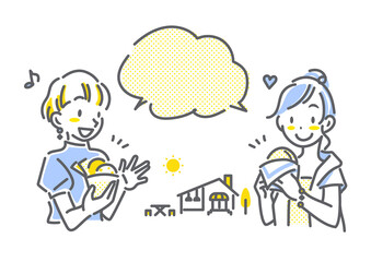 Naklejka premium 旅先で食べ歩きを楽しむ女性ふたり 女子旅 シンプルでお洒落な線画イラスト