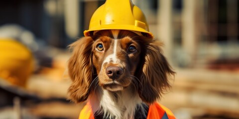 Hilarious dog wearing hard hat and safety vest pretending to be construction worker on job site, concept of Animal role-play, created with Generative AI technology - obrazy, fototapety, plakaty