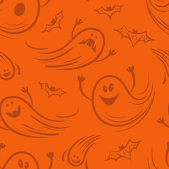 Seamless pattern with ghosts and bats isolated on the orange background. Halloween illustration with characters. Symbols of holiday.
