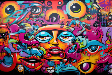 Abstract colorful graffiti wall with bizarre faces, street art, urban culture