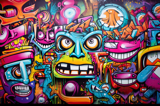Abstract colorful graffiti wall with bizarre faces, street art, urban culture