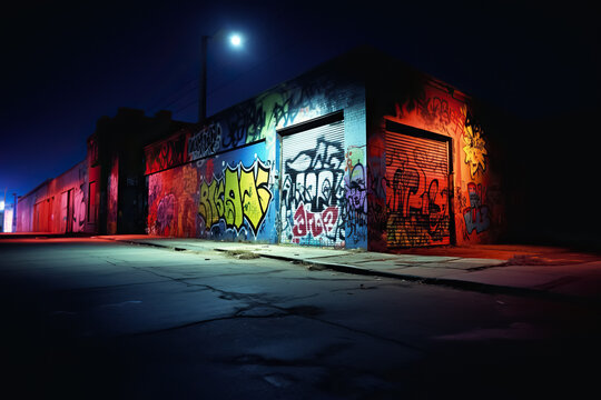 Abandoned suburbia, night, noir atmosphere, building with graffiti walls