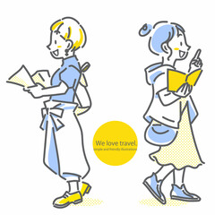 旅先で地図やガイドブックを見ながら観光を楽しむ女性ふたり　女子旅　シンプルでお洒落な線画イラスト