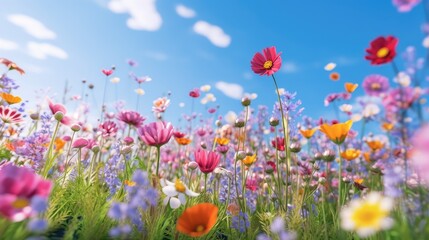 beautiful flowers bloom with blue sky in the spring field, soft focus, generative ai.