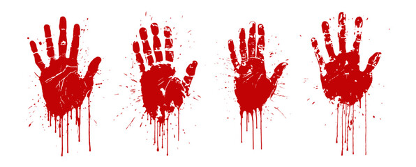 Red hands print with drips and splatters. Horror and dirty red palm for halloween decoration. Scary elements with stain, splatter and streams isolated on white background - obrazy, fototapety, plakaty