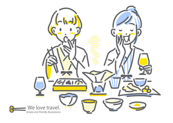 豪華な夕食を楽しむ女性ふたり　女子旅　シンプルでお洒落な線画イラスト