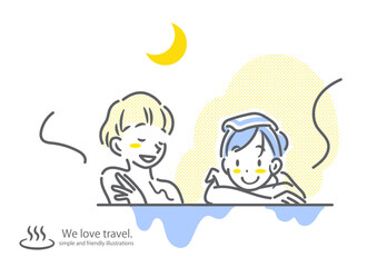 温泉でくつろぐ女性ふたり　女子旅　シンプルでお洒落な線画イラスト
