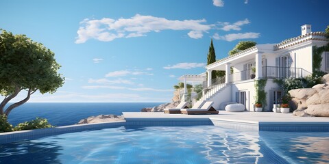 Fototapeta premium Traditional mediterranean white house with pool on hill with stunning sea view. Summer vacation background