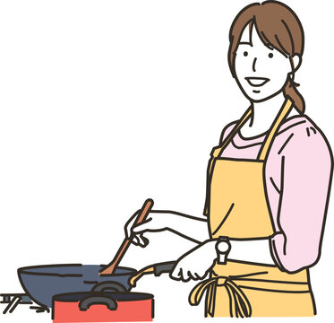 recommend clip art: キッチンで料理をするエプロン姿の女性