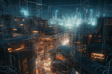 Fototapeta na wymiar Futuristic urban hub on circuit board. Cyber space illustration. Generative AI