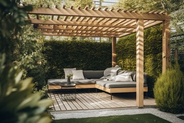 Contemporary outdoor relaxation space with stylish pergola, canopy, garden furniture, barbecue, and lush greenery. Generative AI
