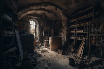 Fototapeta na wymiar Desolate cellar in dilapidated mansion with clutter. Generative AI