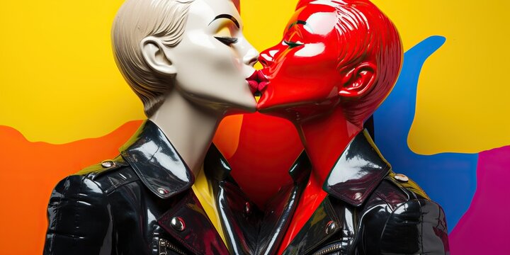 Kissing clothing mannequins, pop art , concept of Consumerism, created with Generative AI technology
