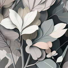 Soft grey and pink shades flowers with stems and leaves. Watercolor art background.