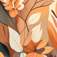 Soft orange, yellow, brown and beige shades flowers with stems and leaves. Watercolor art background.