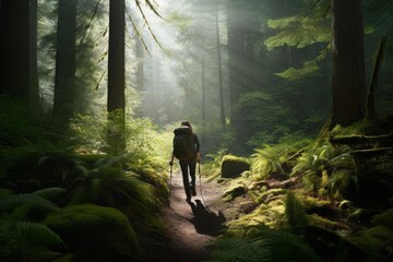 Illustration of a person walking through a dense forest with a backpack, created using generative AI