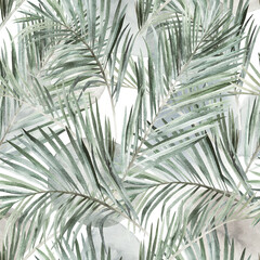Abstract seamless pattern with  palm leaves. Watercolor  print on white background. Vintage hand drawn illustration - 620599862