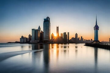 Fototapeta na wymiar city skyline at sunset Generator by using AI Technology