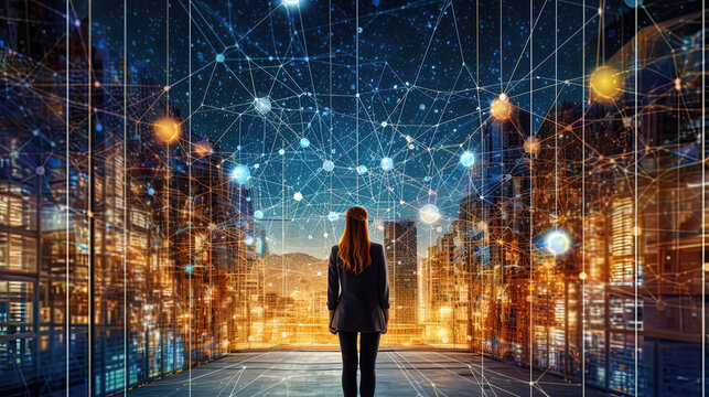 businesswoman working on a huge screen full of HUD intarface design elements, AI Artificial Intelligence, Data Science, Information technology concept