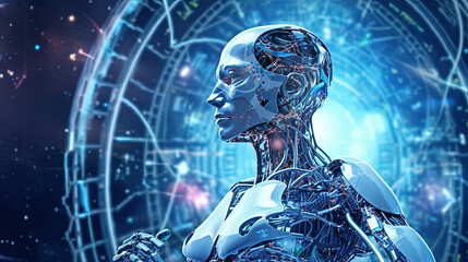 dramatic digital artwork that captures the growing intensity of cyber attacks worldwide. AI Artificial Intelligence, Data Science, Information technology concept. Humanoid robot touching on AI machine