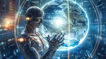 dramatic digital artwork that captures the growing intensity of cyber attacks worldwide. AI Artificial Intelligence, Data Science, Information technology concept. Humanoid robot touching on AI machine