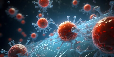 Virus cells, picture of human immune cells, enlarged version