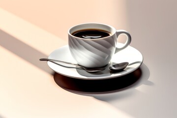 Illustration of a cup of coffee sitting on top of a saucer in a minimalist style, created using generative AI