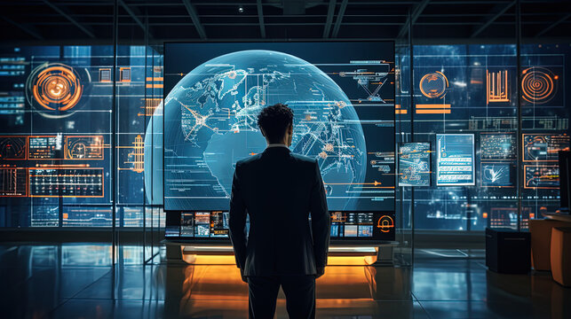 businessman working on a huge screen full of HUD intarface design elements, AI Artificial Intelligence, Data Science, Information technology concept