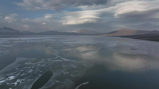 Aerial view of frozen Lake Paravani. The largest lake in Georgia at an altitude of more than 2000 meters.